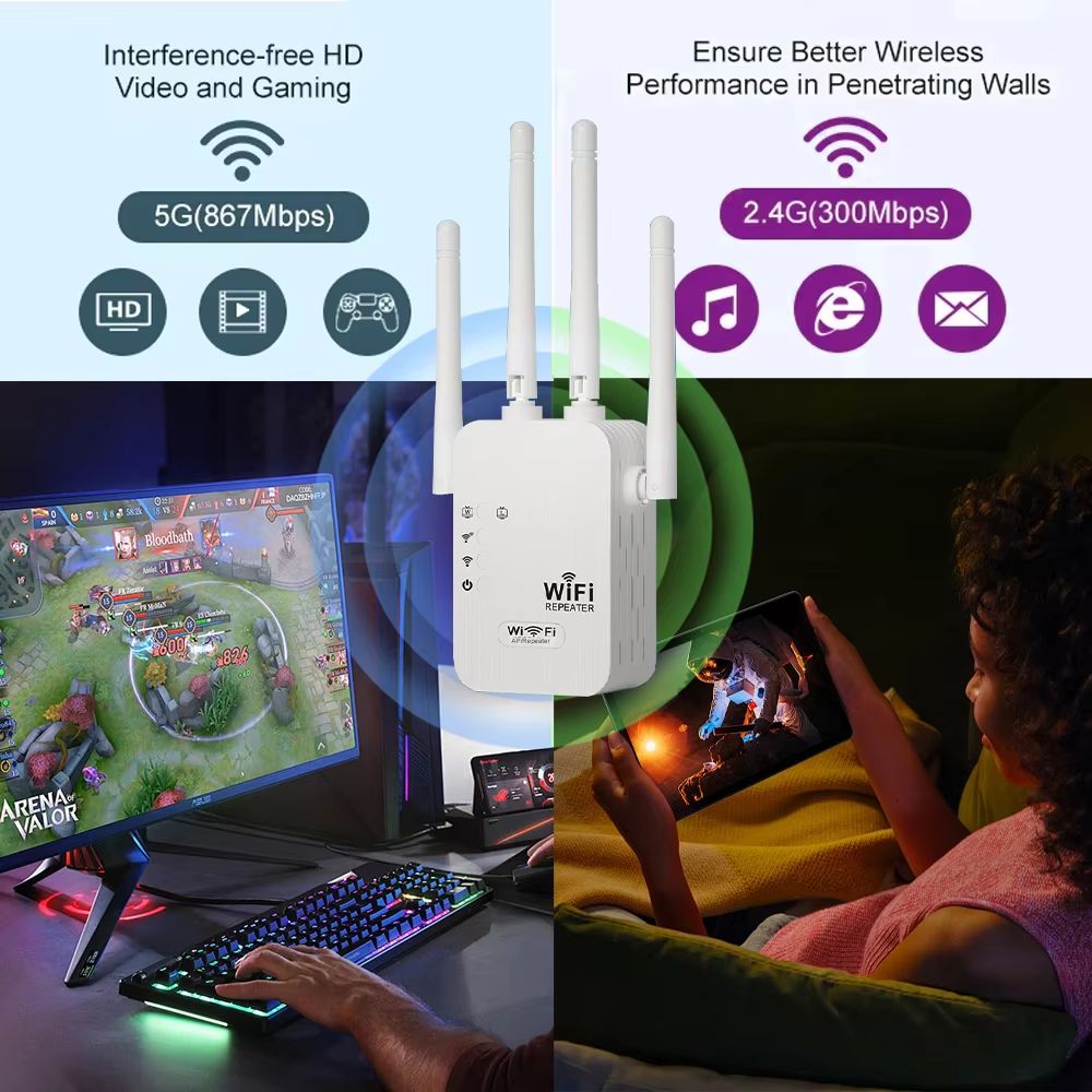 WiFi Repeater 1200Mbps 2.4G 5GHz Dual Band Wireless Amplifier High 6 Antenna Network Amplifier Repeater WiFi Booster For Home