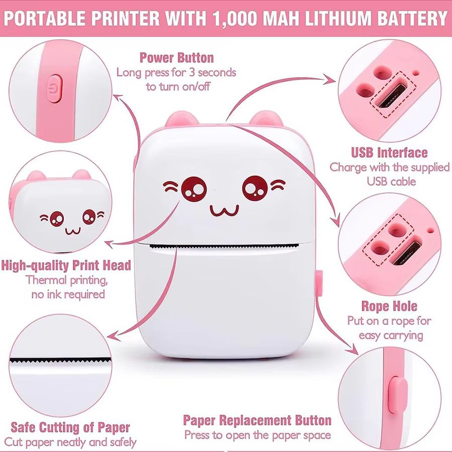 Portable Printer Bluetooth Connection Inkless Thermal Student Pocket Mini Label Printer School Office Supplies Stationery