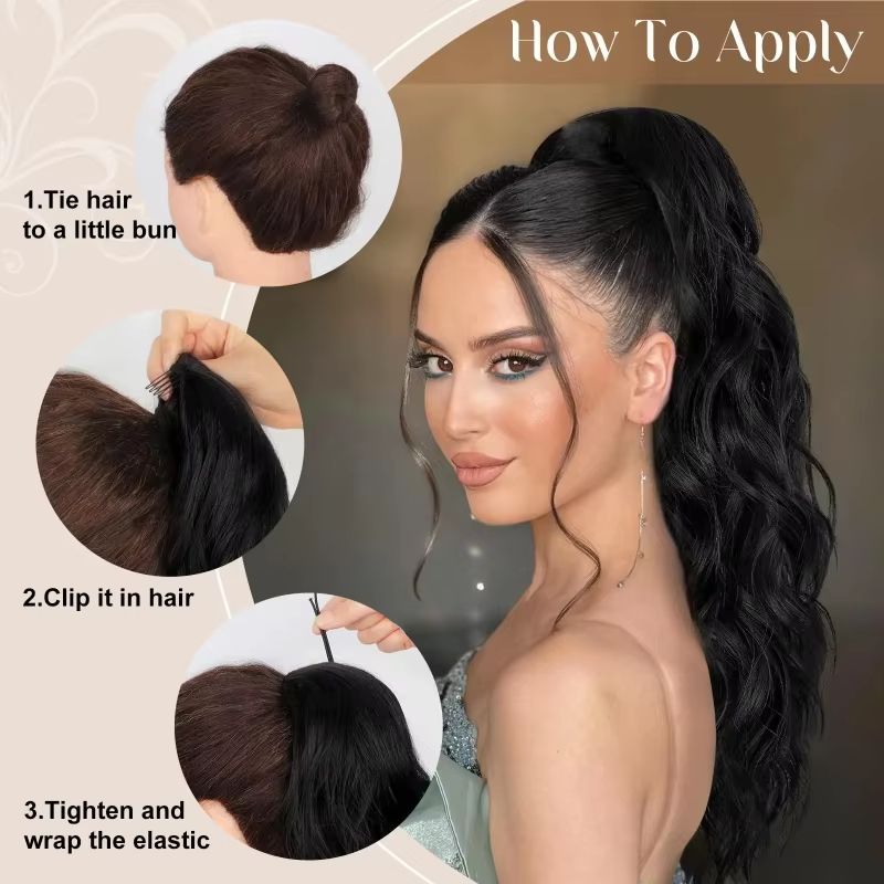 Synthetic Ponytail Extension,Drawstring Ponytail Hair Extensions Black Long Curly Wave Ponytail For Women