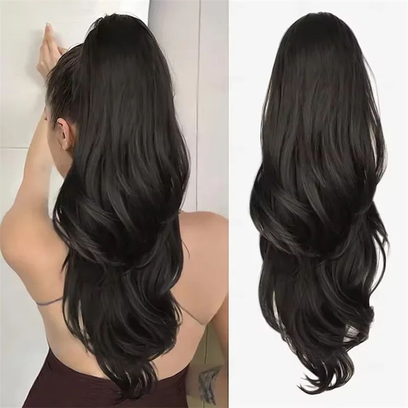 Synthetic Ponytail Extension,Drawstring Ponytail Hair Extensions Black Long Curly Wave Ponytail For Women