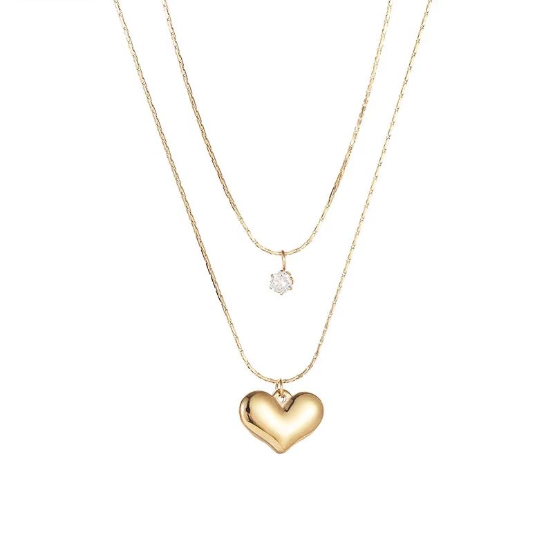 Stainless Steel 14K Gold Heart Pendant Necklace Women's Simple Chain Stylish Design Sense Jewelry Double Layer