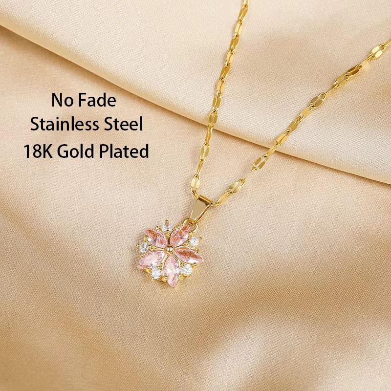 New Cute Romantic Pink Sakura Pendant Stainless Steel Necklaces For Women Korean Fashion Female Sexy Clavicle Chain Jewelry Gift