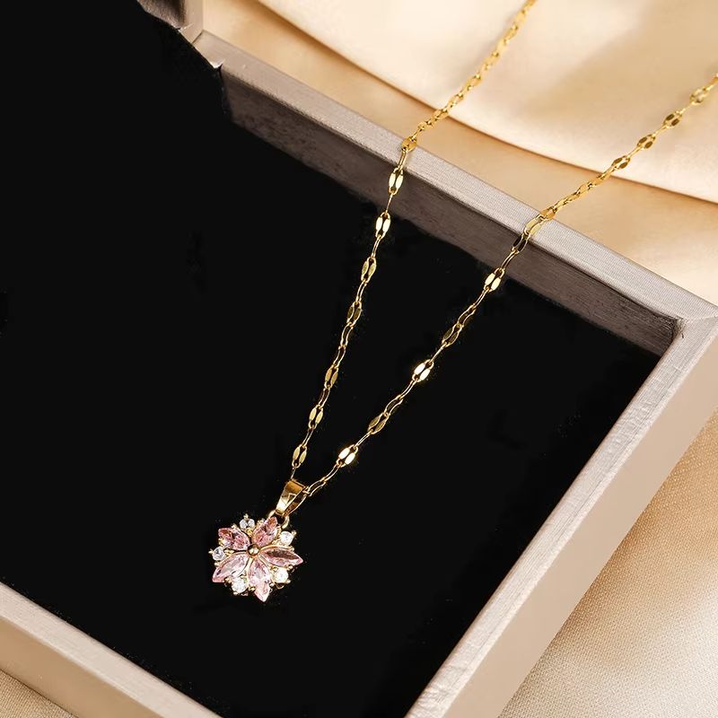 New Cute Romantic Pink Sakura Pendant Stainless Steel Necklaces For Women Korean Fashion Female Sexy Clavicle Chain Jewelry Gift