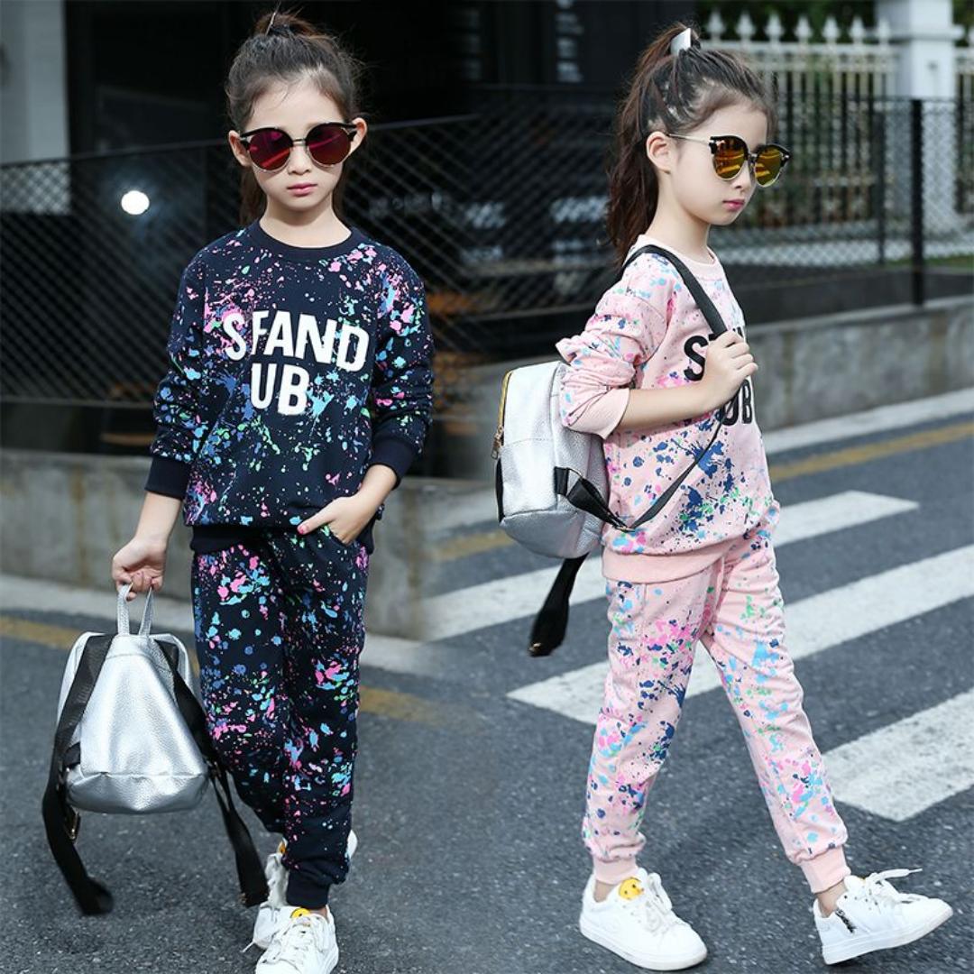 Midodo Kids Sets Children's Clothing Girls Set Girls Korean Version Leisure Set Children's Long Sleeved Tops+Long Pants Two-piece Set 3-12 Yrs Student Sportswear 250001