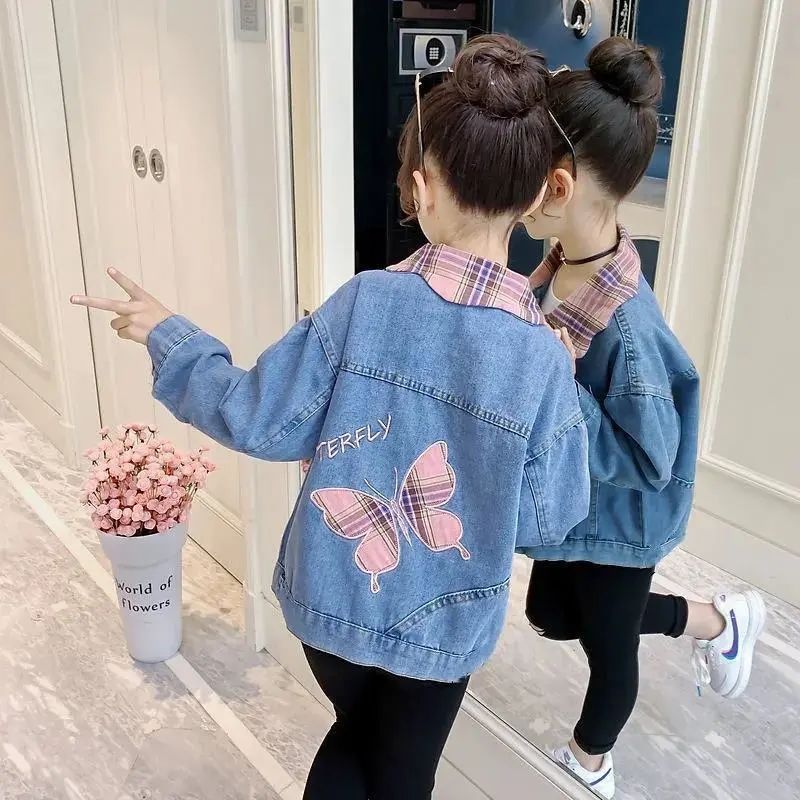 Midodo Kids Girls' Denim Coats 2025 New Children's CauseTop Student Blue Coat Butterfly Jacket Long Sleeved Girls Clothes 2-13 Years  25001