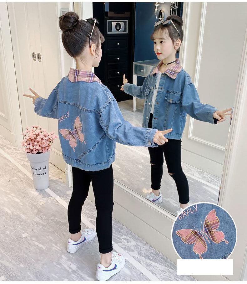 Midodo Kids Girls' Denim Coats 2025 New Children's CauseTop Student Blue Coat Butterfly Jacket Long Sleeved Girls Clothes 2-13 Years  25001