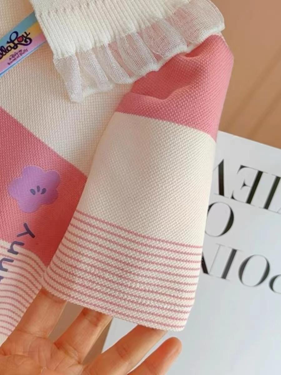 Midodo Kids Clothes Girls' Summer Short Sleeved Dress Of Student Lapel polo Dress Striped Dress Children's Princess Dress Cute Rabbit Dress Girls Dress 2-13 Years 25002