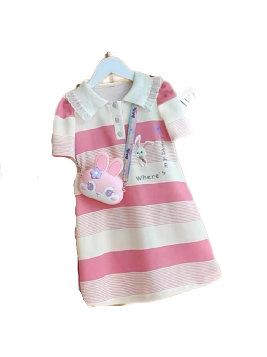 Midodo Kids Clothes Girls' Summer Short Sleeved Dress Of Student Lapel polo Dress Striped Dress Children's Princess Dress Cute Rabbit Dress Girls Dress 2-13 Years 25002