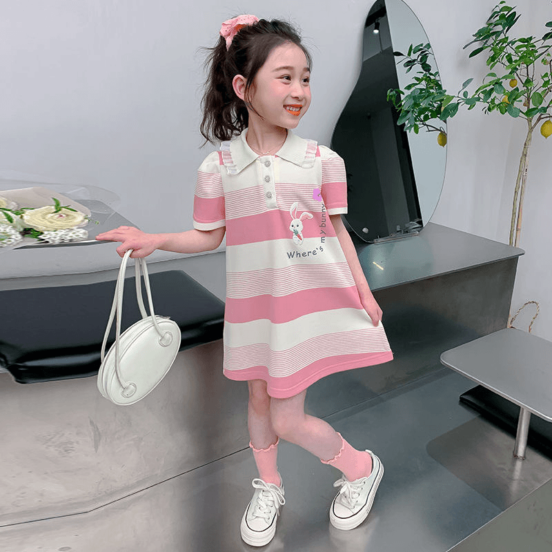 Midodo Kids Clothes Girls' Summer Short Sleeved Dress Of Student Lapel polo Dress Striped Dress Children's Princess Dress Cute Rabbit Dress Girls Dress 2-13 Years 25002