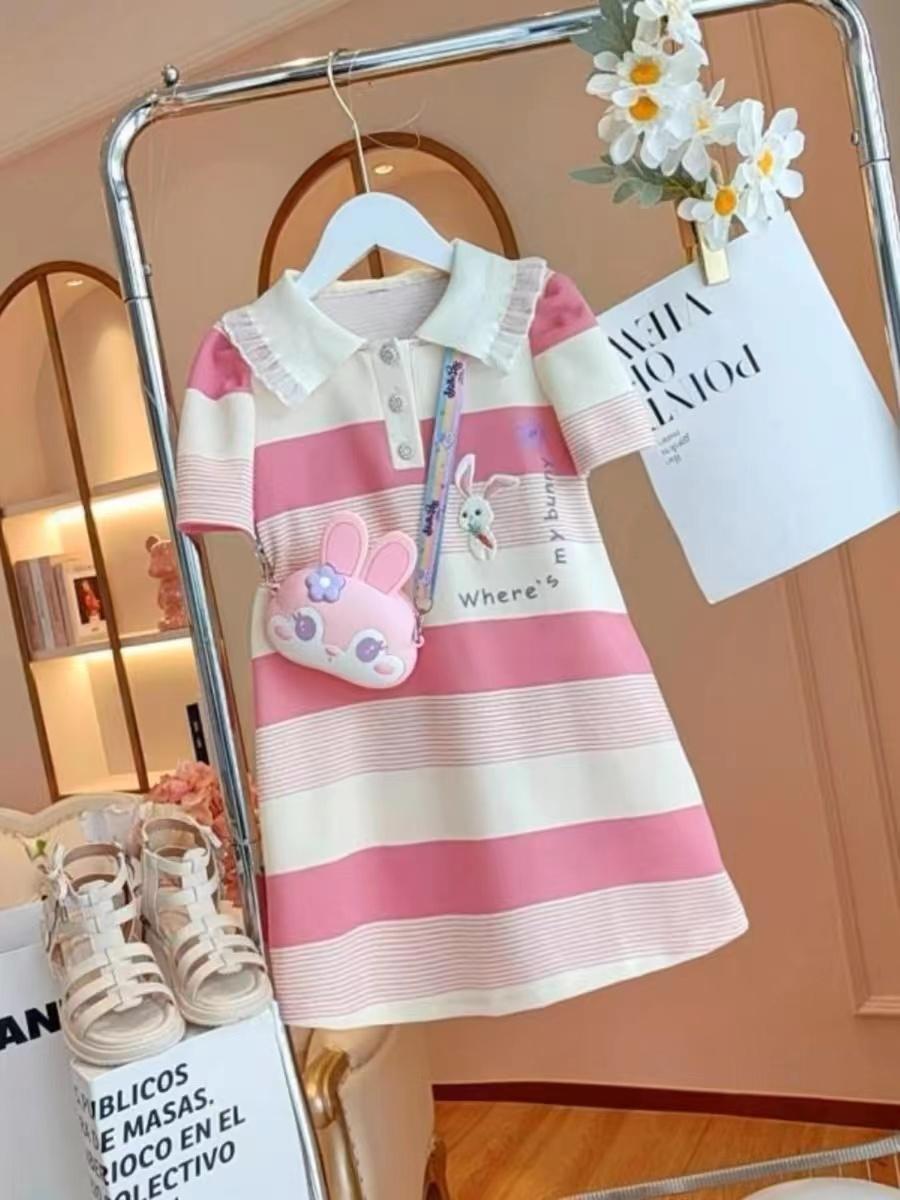 Midodo Kids Clothes Girls' Summer Short Sleeved Dress Of Student Lapel polo Dress Striped Dress Children's Princess Dress Cute Rabbit Dress Girls Dress 2-13 Years 25002