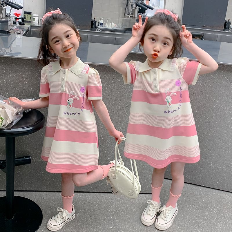 Midodo Kids Clothes Girls' Summer Short Sleeved Dress Of Student Lapel polo Dress Striped Dress Children's Princess Dress Cute Rabbit Dress Girls Dress 2-13 Years 25002