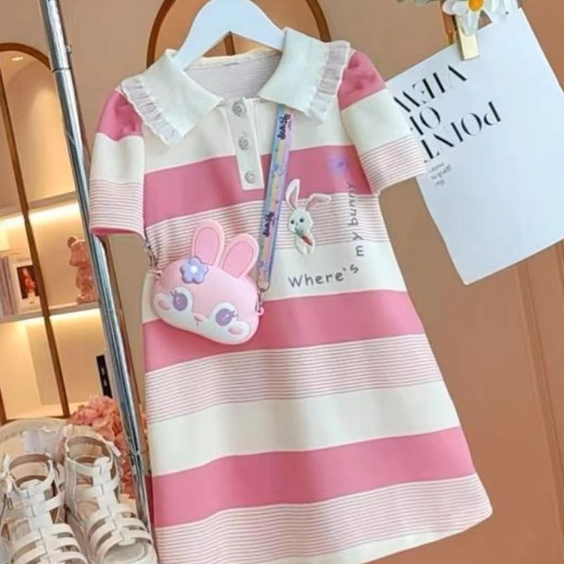 Midodo Kids Clothes Girls' Summer Short Sleeved Dress Of Student Lapel polo Dress Striped Dress Children's Princess Dress Cute Rabbit Dress Girls Dress 2-13 Years 25002