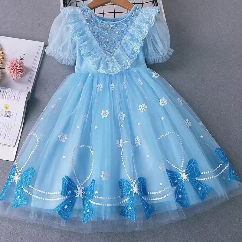 Midodo Kids Baby Girls Dress Elsa Princess Dress Summer Girls' Frozen Children's Dress Short sleeved  Girls' Mesh Dress for 1-10  Yrs 25005