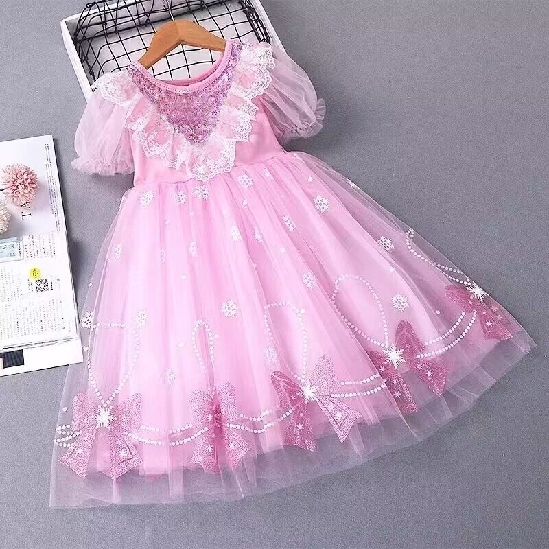 Midodo Kids Baby Girls Dress Elsa Princess Dress Summer Girls' Frozen Children's Dress Short sleeved  Girls' Mesh Dress for 1-10  Yrs 25005