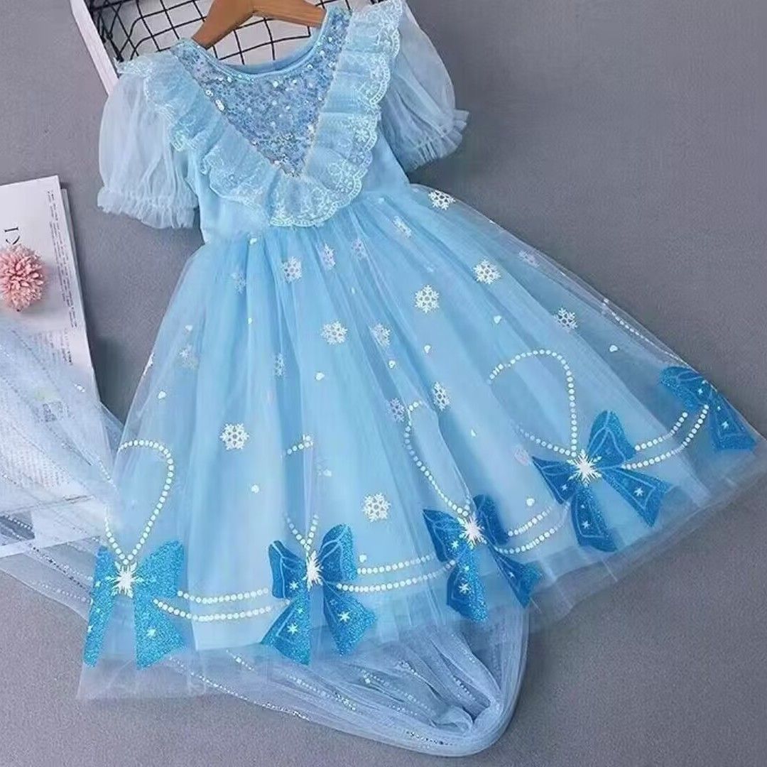 Midodo Kids Baby Girls Dress Elsa Princess Dress Summer Girls' Frozen Children's Dress Short sleeved  Girls' Mesh Dress for 1-10  Yrs 25005