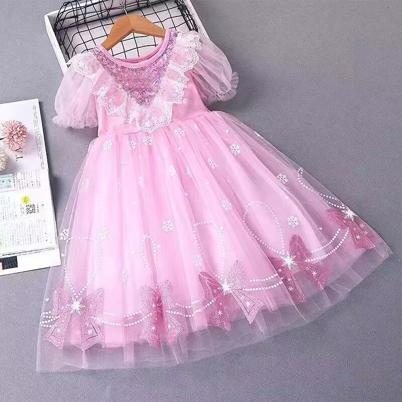 Midodo Kids Baby Girls Dress Elsa Princess Dress Summer Girls' Frozen Children's Dress Short sleeved  Girls' Mesh Dress for 1-10  Yrs 25005