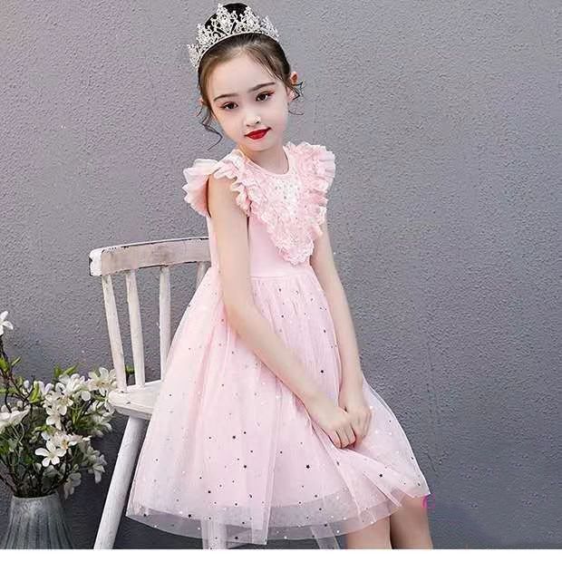 Midodo Kids Baby Girls Dress Pink Princess Dress Summer Children's Dress Short Sleeve Girls' Mesh Dress for 1-10 Yrs 25006