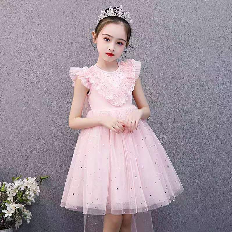 Midodo Kids Baby Girls Dress Pink Princess Dress Summer Children's Dress Short Sleeve Girls' Mesh Dress for 1-10 Yrs 25006