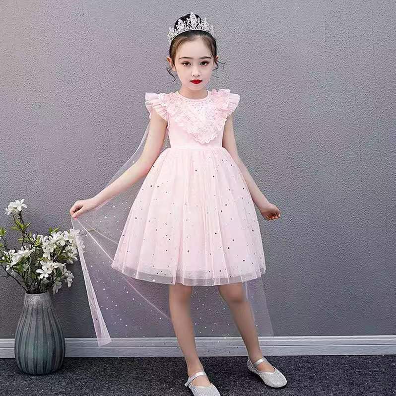 Midodo Kids Baby Girls Dress Pink Princess Dress Summer Children's Dress Short Sleeve Girls' Mesh Dress for 1-10 Yrs 25006