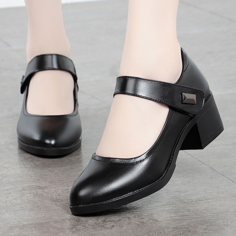 Women's PU artificial leather work shoes black professional heels ladies single shoes girls' chunky soft soled work Shoes Women's Mid-heels Mom Shoes