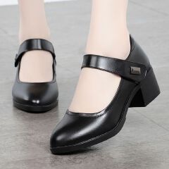 Baldur Women's PU artificial leather work shoes black professional heels ladies single shoes girls' chunky soft soled work Shoes Women's Mid-heels Mom black Shoes