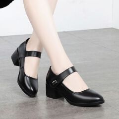 Baldur Women's PU artificial leather work shoes black professional heels ladies single shoes girls' chunky soft soled work Shoes Women's Mid-heels Mom black Shoes