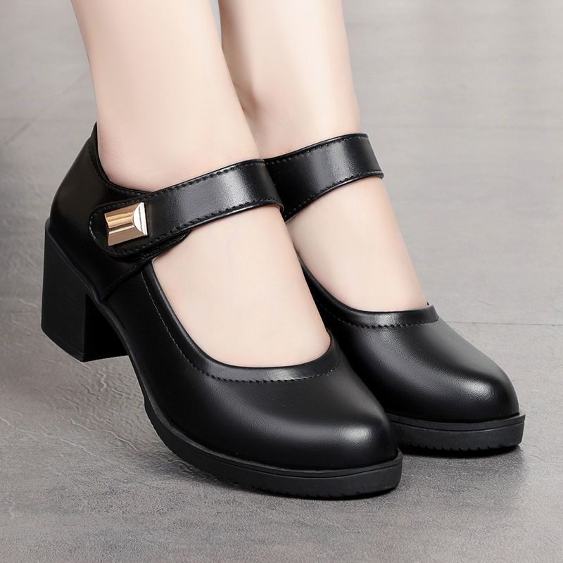 Women's PU artificial leather work shoes black professional heels ladies single shoes girls' chunky soft soled work Shoes Women's Mid-heels Mom Shoes