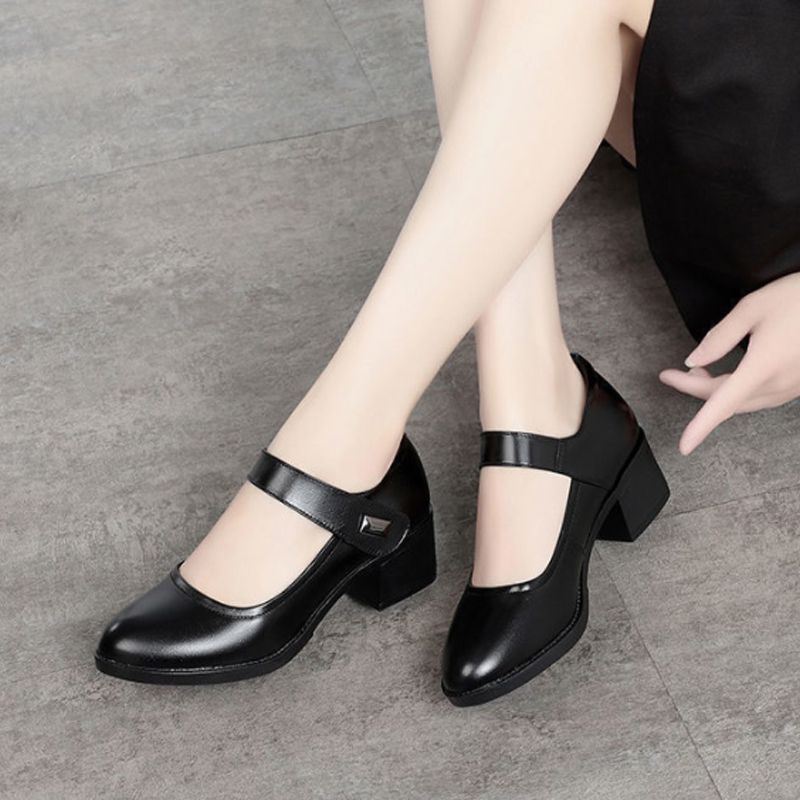 Women's PU artificial leather work shoes black professional heels ladies single shoes girls' chunky soft soled work Shoes Women's Mid-heels Mom Shoes