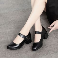 Baldur Women's PU artificial leather work shoes black professional heels ladies single shoes girls' chunky soft soled work Shoes Women's Mid-heels Mom black Shoes