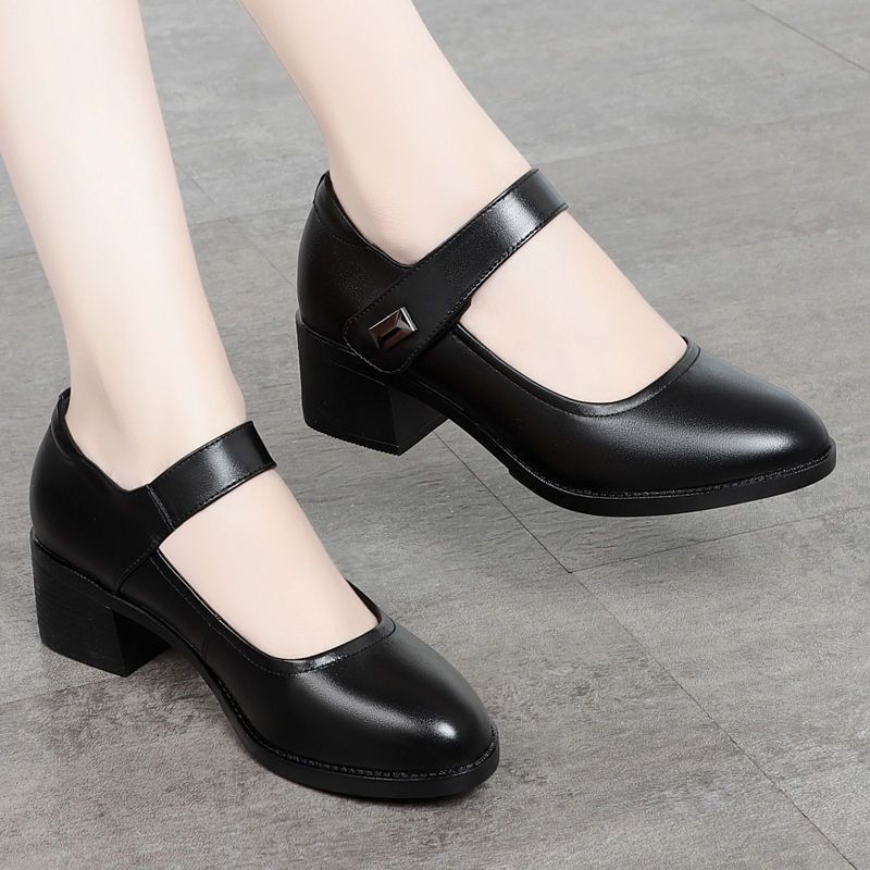 Women's PU artificial leather work shoes black professional heels ladies single shoes girls' chunky soft soled work Shoes Women's Mid-heels Mom Shoes