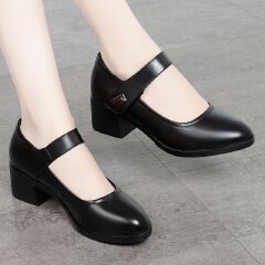 Baldur Women's PU artificial leather work shoes black professional heels ladies single shoes girls' chunky soft soled work Shoes Women's Mid-heels Mom black Shoes
