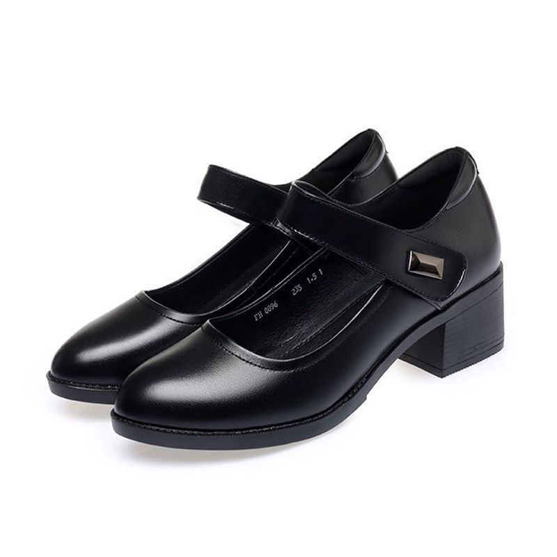 Women's PU artificial leather work shoes black professional heels ladies single shoes girls' chunky soft soled work Shoes Women's Mid-heels Mom Shoes