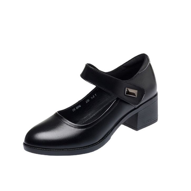 Women's PU artificial leather work shoes black professional heels ladies single shoes girls' chunky soft soled work Shoes Women's Mid-heels Mom Shoes