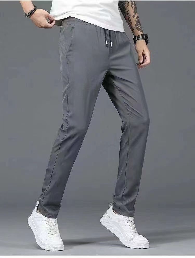 2PC black+grey Men's clothes thin ice silk pants students clothing boys loose straight leg sweatpants unisex trousers  Dad long casual pants sports pants