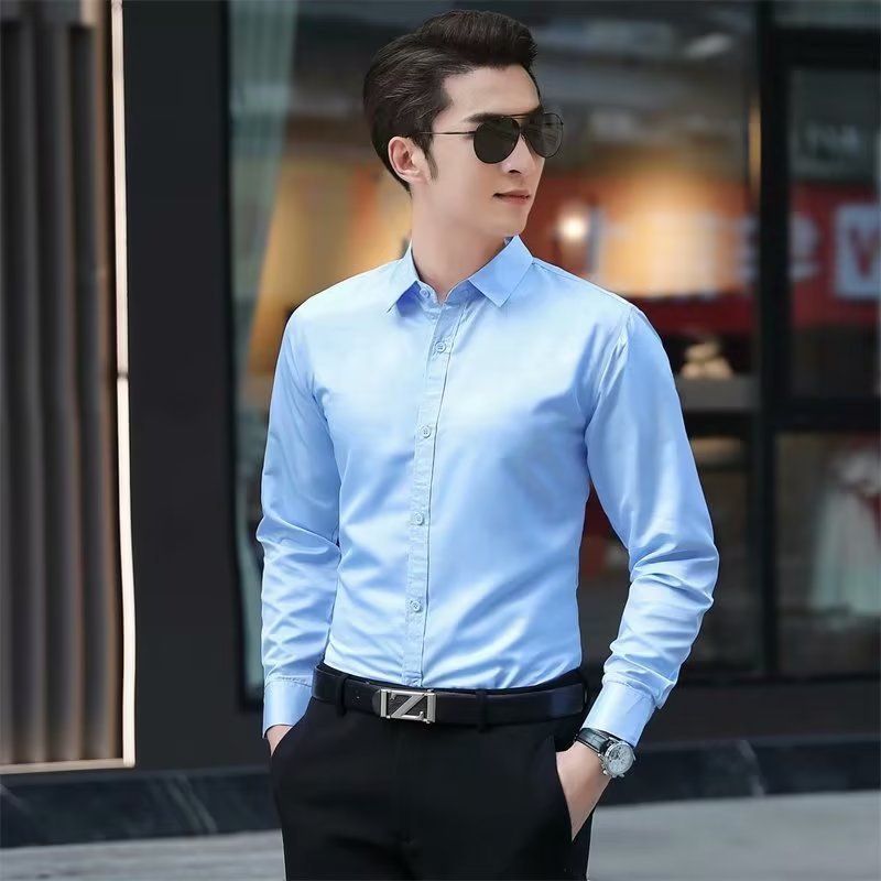Size M-2XL men's blue long sleeve shirts Youth business shirts students slim fashion wear boys thin shirts solid color shirt Clothing tops