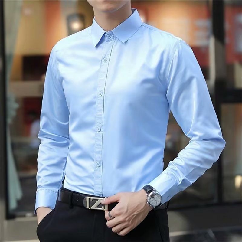 Size M-2XL men's blue long sleeve shirts Youth business shirts students slim fashion wear boys thin shirts solid color shirt Clothing tops