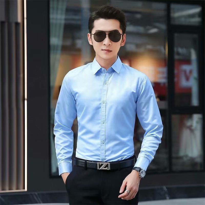 Size M-2XL men's blue long sleeve shirts Youth business shirts students slim fashion wear boys thin shirts solid color shirt Clothing tops