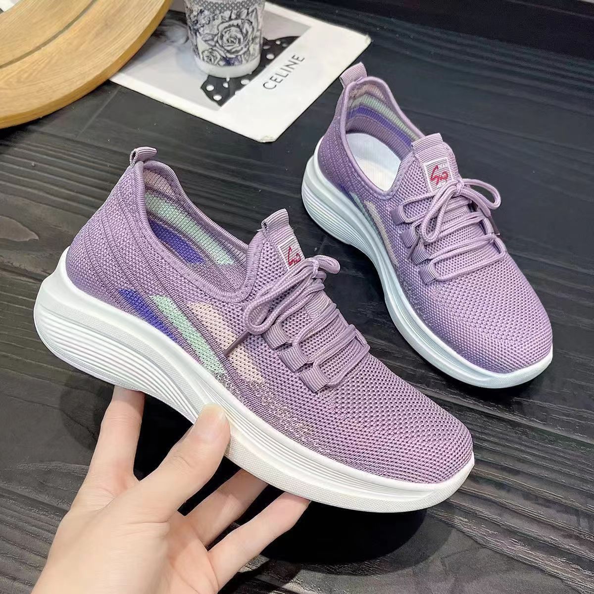 Women's purple fly woven casual sneakers Girls light breathable single shoes students soft soled non-slip shoes ladies' gym athletic Purple,EU40