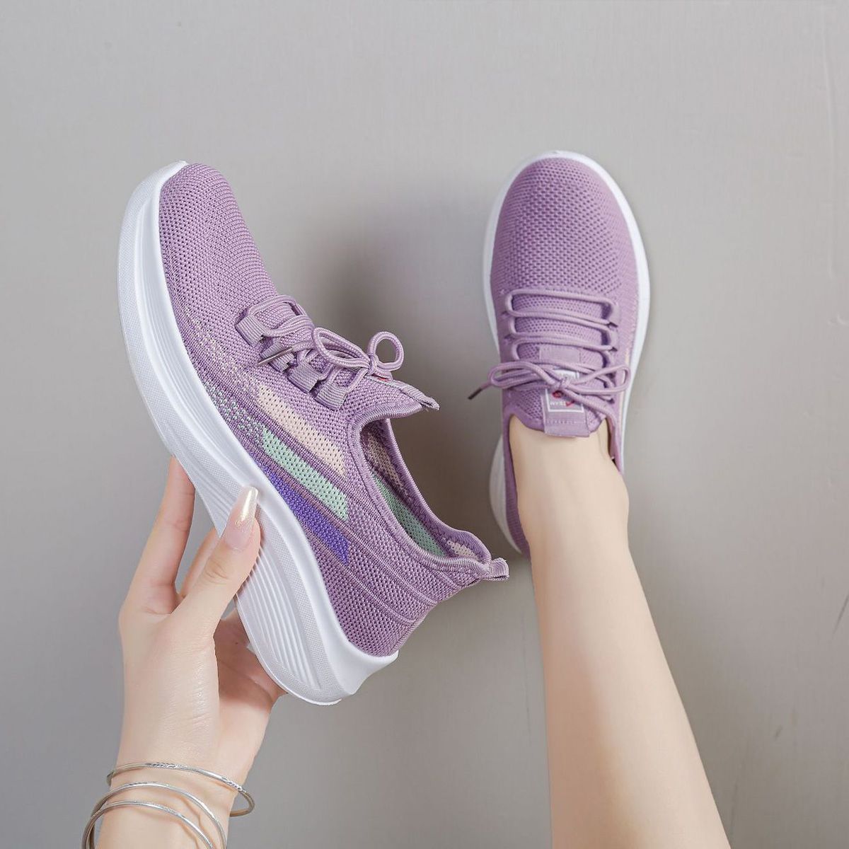 Women's purple fly woven casual sneakers Girls light breathable single shoes students soft soled non-slip shoes ladies' gym athletic