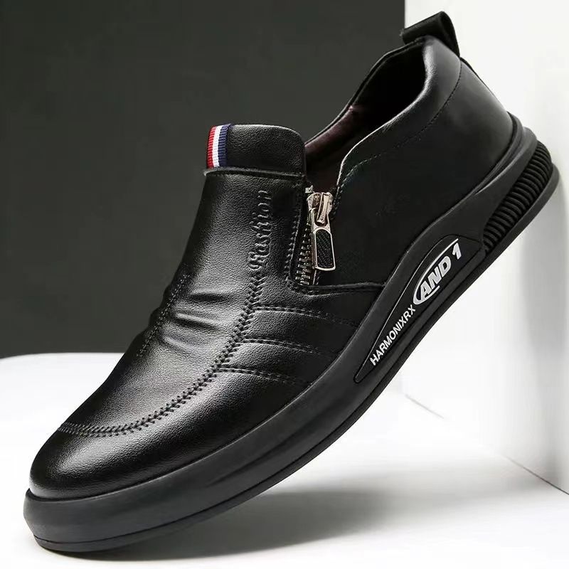 Men's artificial PU Leather shoes students casual shoes soft leather driving shoes boys fashion single shoes Daddy business shoes non-slip shoes Black,EU43