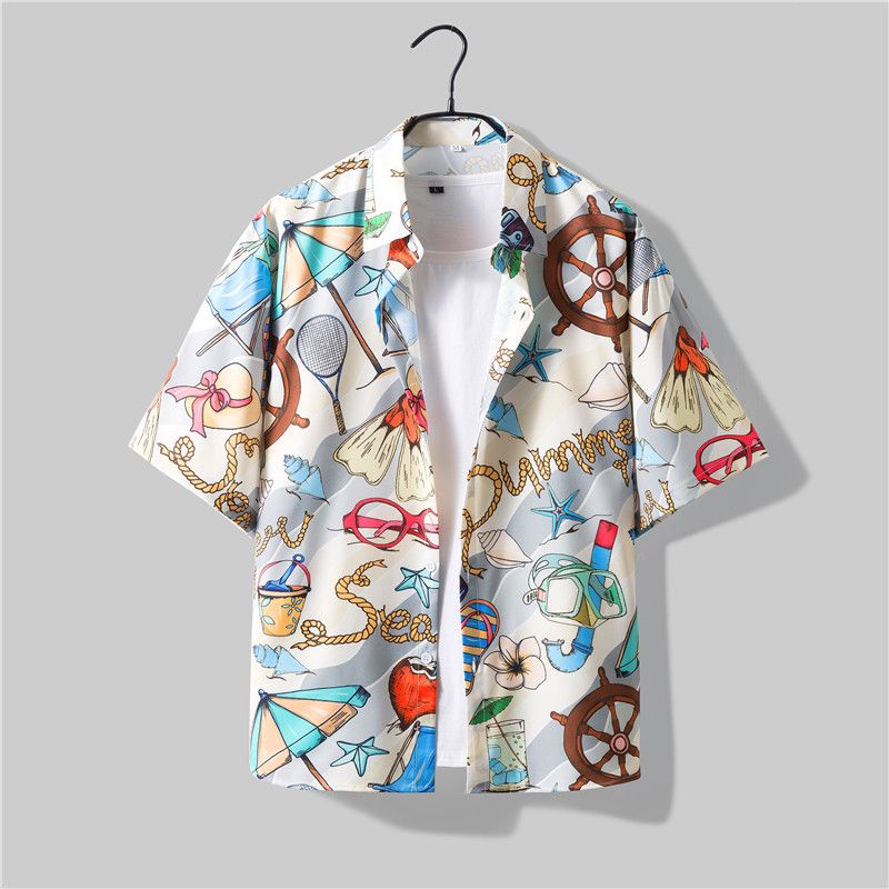 Size M -2XL one shirt Men's clothes thin short sleeve boys casual lapel shirts tops loose printed Super cool summer students floral shirt clothing