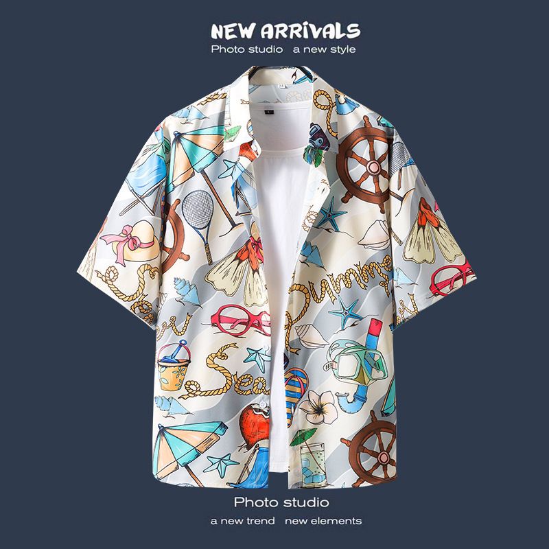 Size M -2XL one shirt Men's clothes thin short sleeve boys casual lapel shirts tops loose printed Super cool summer students floral shirt clothing
