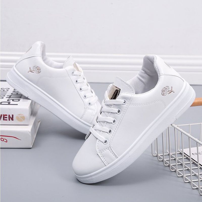 Women's board shoes sports shoes  girls athletic casual shoes classic ladies running shoes artificial leather PU leather white shoes students rose embroidery