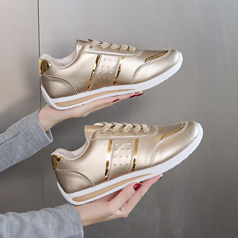 Size 38-42 women's gold color PU artificial leather shoes students flat fashion casual athletic shoes ladies running sports shoes girls board shoes