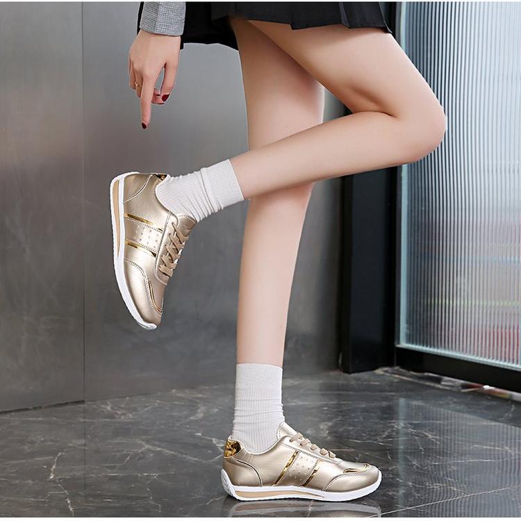 Size 38-42 women's gold color PU artificial leather shoes students flat fashion casual athletic shoes ladies running sports shoes girls board shoes