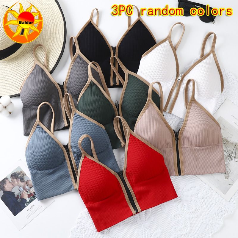 3PC Women’s deep V-zipper bra ladies without underwire comfortable strap bra girls running yoga sports bra fashion lingerie sportswear Removable chest pad