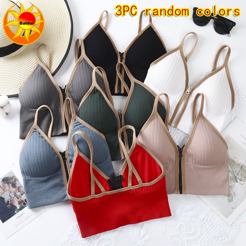 3PC Women’s deep V-zipper bra ladies without underwire comfortable strap bra girls running yoga sports bra fashion lingerie sportswear Removable chest pad