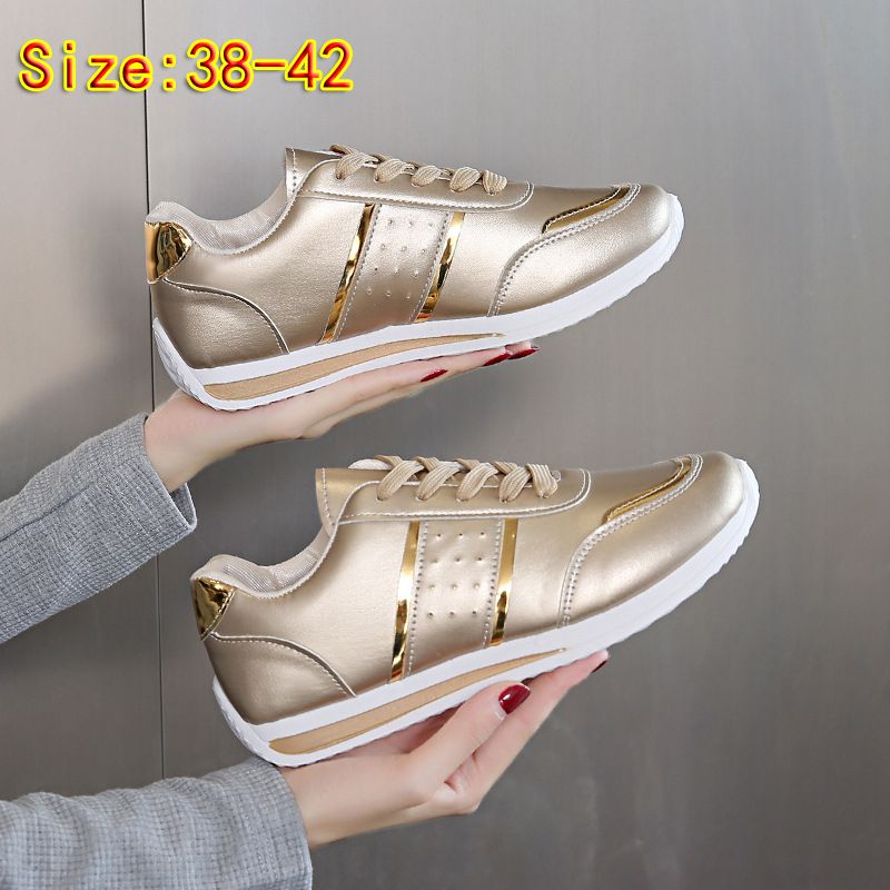 Size 38-42 women's gold color PU artificial leather shoes students flat fashion casual athletic shoes ladies running sports shoes girls board shoes