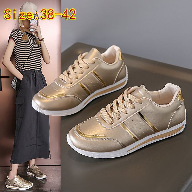 Size 38-42 women's gold color PU artificial leather shoes students flat fashion casual athletic shoes ladies running sports shoes girls board shoes