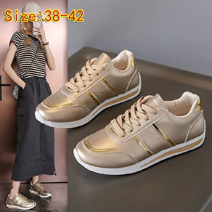 Size 38-42 women's gold color PU artificial leather shoes students flat fashion casual athletic shoes ladies running sports shoes girls board shoes